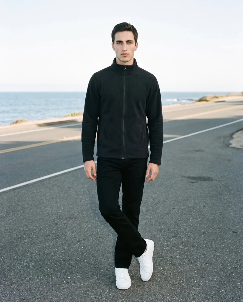 A 20-year-old Caucasian man wears a black fleece jacket in a full-body front view, standing with his ankles crossed and an editorial expression. The backdrop is labeled Pacific Coast Highway.