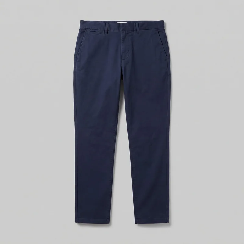 Men's navy chinos laid flat on a plain surface in a complete front view. The trousers have a flat front, structured waistband with belt loops, concealed fly, slanted side-entry pockets, tapered full-length legs, and straight stitched hems.
