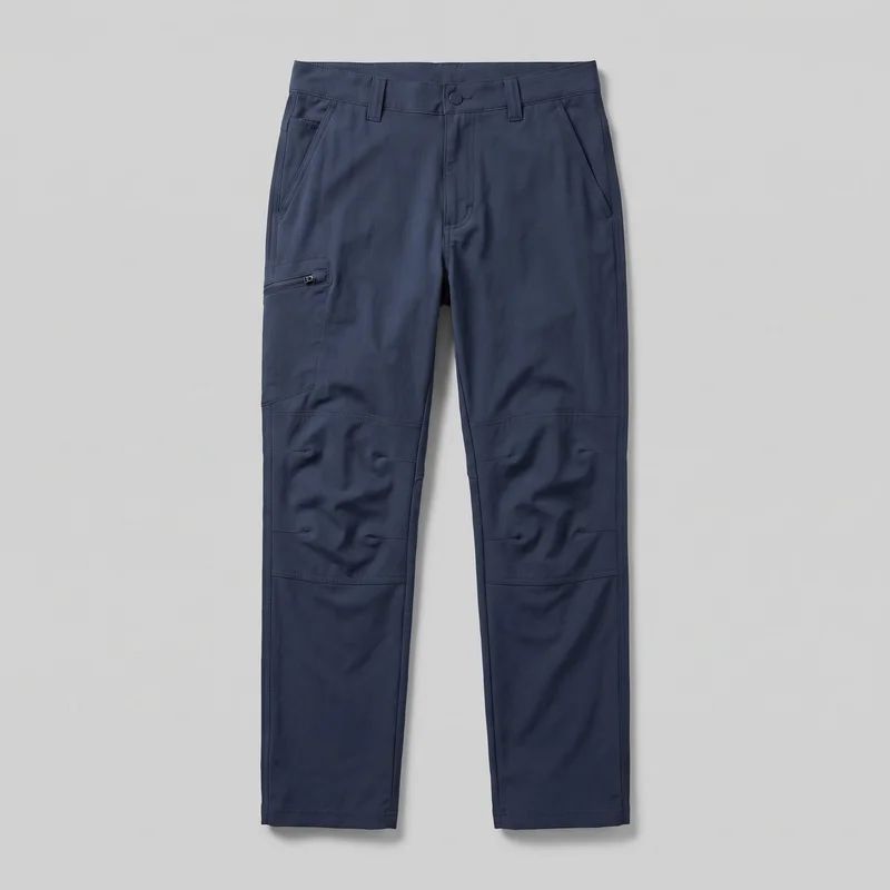 Men's navy hiking trousers shown in a full front flat-lay view. The trousers have a mid-rise waistband with belt loops, a center fly with a visible top fastening, two angled front hand pockets, a small horizontal welt pocket near one hip, and a zippered cargo pocket on one thigh. Reinforced thigh and knee panel seams, stitched side seams, and straight hems are visible.