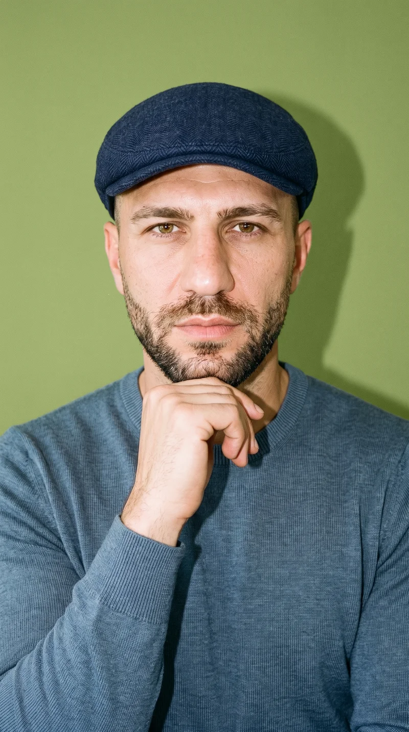 A 37-year-old Turkish man is shown from the front in a bust composition wearing a men's navy herringbone flat cap. He rests his chin on his knuckles with a neutral expression, against a moss green studio-wall backdrop.