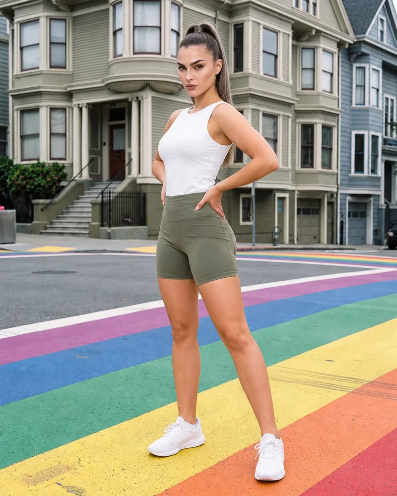 A 19-year-old Slavic woman is shown full body from an angled front view, standing with her hands on her hips and an intense expression. She wears olive training shorts. Rainbow crosswalk and Victorian houses form the backdrop.