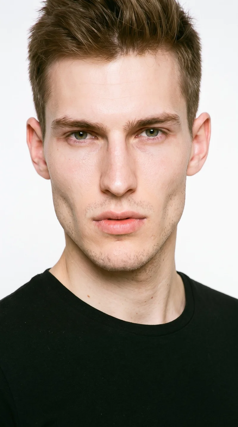 A 21-year-old Caucasian man with porcelain skin and a cool undertone has a chiseled, angular face, a defined jaw, and pronounced cheekbones. His medium-thickness eyebrows frame brown eyes, and he has full lips. His dark-blonde hair is styled in a short, tapered crew cut that is slightly longer on top than at the sides. Very short facial-hair growth creates a faint, even five-o’clock shadow across the beard area.