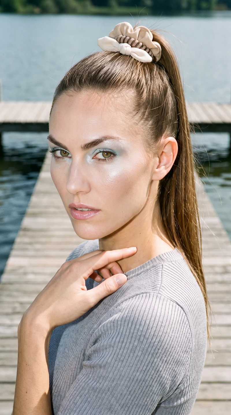 A 28-year-old Caucasian woman is shown in a bust-length front three-quarter view, with one hand at her collarbone and an intense facial expression. She is wearing or presenting a neutral hair-tie set against a lakeside dock backdrop.