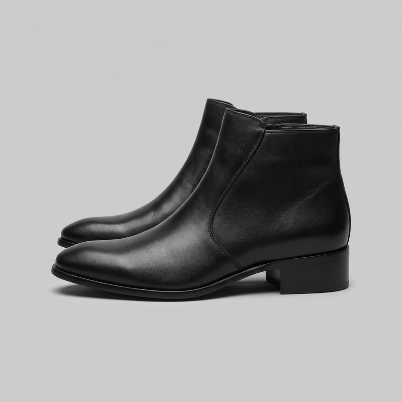 A complete pair of men's heeled ankle boots is shown in a side-oriented standalone view. The boots have close ankle shafts, elongated almond toes, curved side panel seams, low stacked block heels, and thin soles with slightly extended edges. Their pull-on-style uppers feature high front vamps, shaped side panels, stitched collars, and visible stitching along the panel edges and toplines.