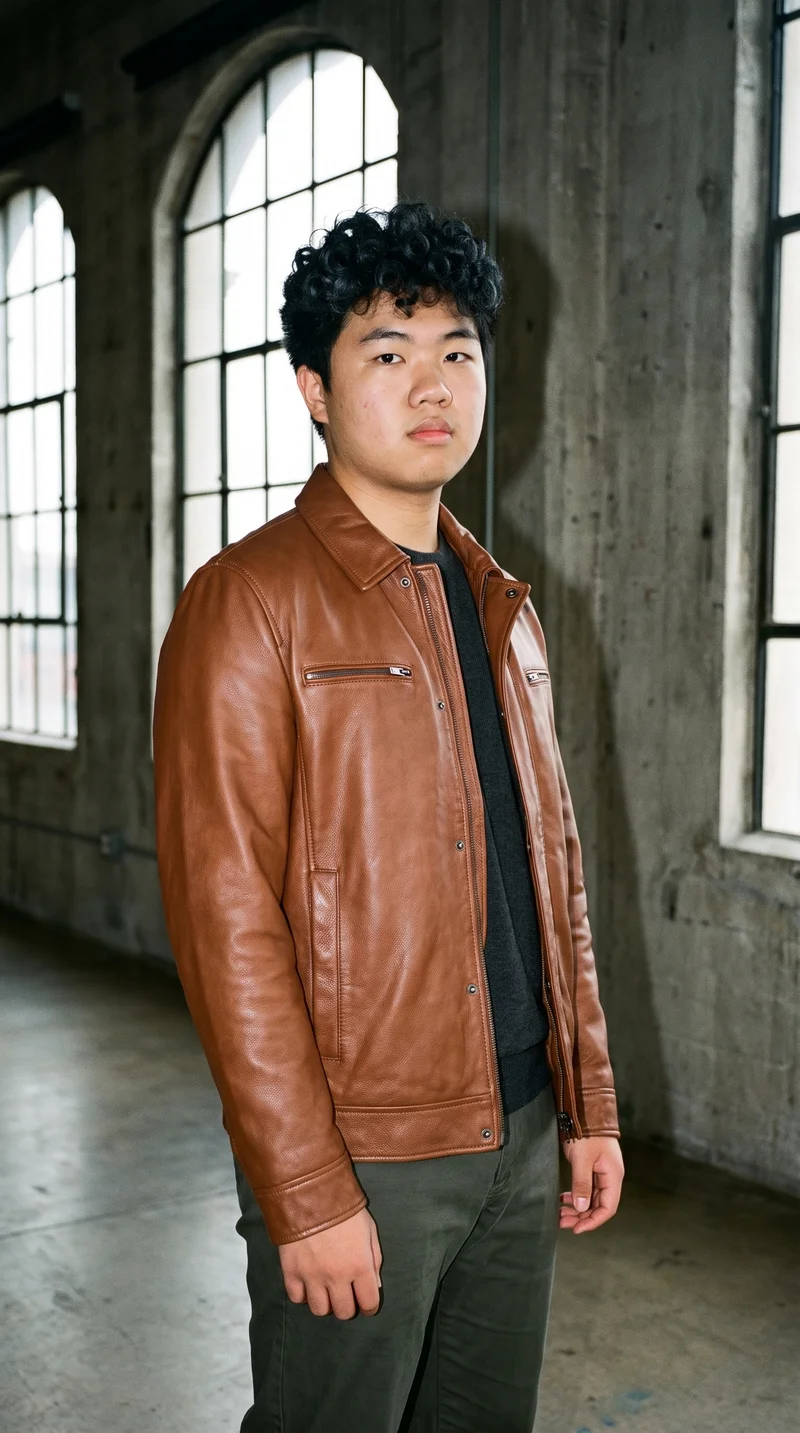 An 18-year-old Chinese man wears a brown leather jacket in a relaxed standing pose, shown from the front at a three-quarter angle in a three-quarter-length frame. His neutral expression is visible, with massive loft windows forming a golden backdrop.