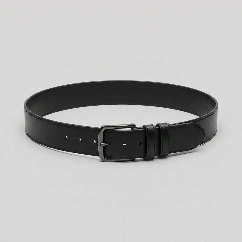 A black wide structured waist belt is shown as a mostly complete standalone product curved into an oval. It has a smooth grained exterior, straight strap body, piped and topstitched edges, a rounded rectangular buckle with a single prong, punched adjustment holes, two narrow keeper loops, and a tapered pointed tip with a stitched outline panel.