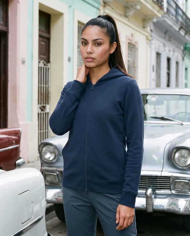 Women's Navy Zip-Up Hoodie, Upper body at Three-quarter, Clean Catalog lighting