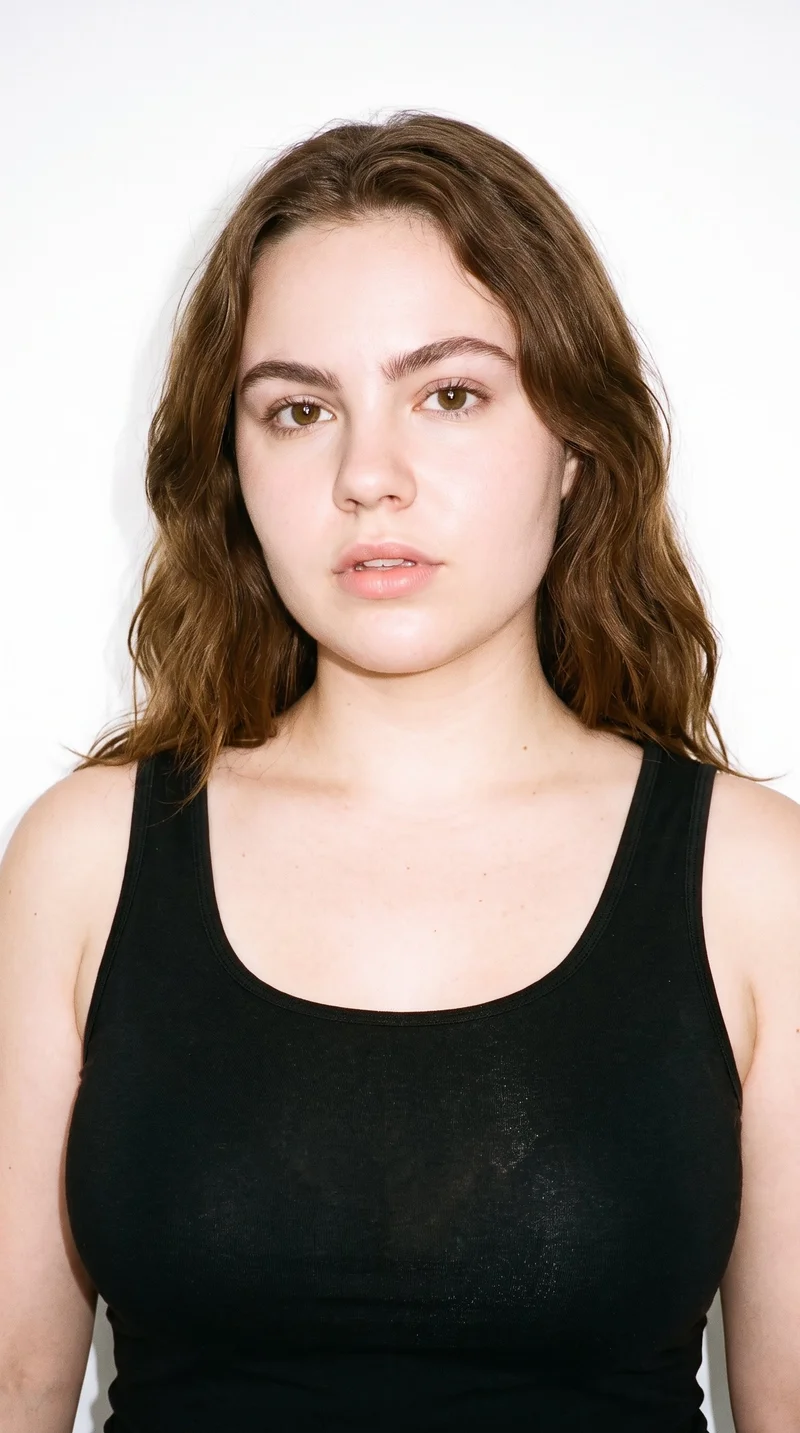 A 20-year-old Caucasian woman with fair skin and a neutral undertone has a round face with soft, full contours and few angles. She has thick eyebrows, brown eyes, and medium lips. Her chestnut-brown hair has a reddish undertone and falls in soft waves with gentle movement. No facial hair is recorded.