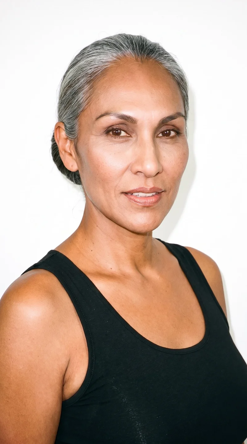 A 40-year-old Indigenous American woman with copper-brown skin and a neutral reddish-copper undertone. Her angular face has sharp, defined cheekbones and jaw, medium-thickness eyebrows, very dark near-black eyes, and full lips. Her gray hair is wound into a rounded bun at the back of her head.