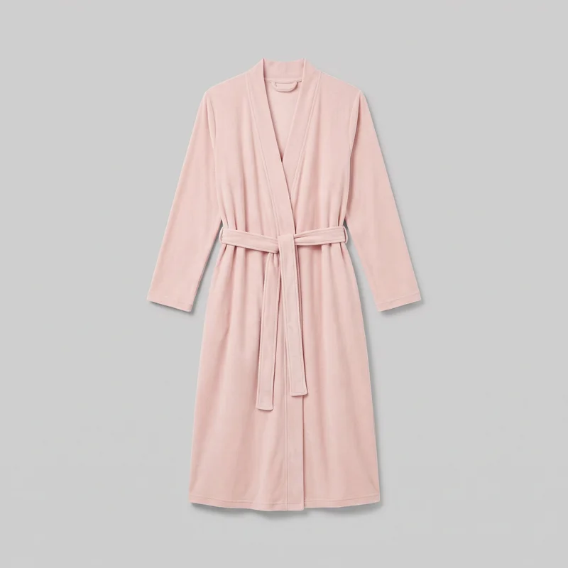 A complete blush pink wrap-front bathrobe is laid flat in a front view. It has a relaxed, long straight silhouette, a shawl-style open neckline, full-length straight sleeves with stitched cuffs, wide binding along the collar and front opening, and an asymmetrical overlapping front secured with an integrated self-tie sash. The straight bottom hem has a stitched border.