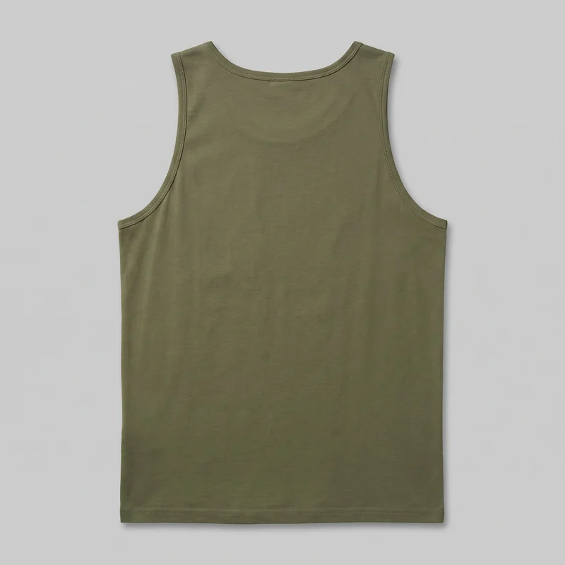 An olive cotton sleeveless tank top is laid straight in a standalone flat view, showing its full scoop neckline, wide shoulder coverage, deep curved armholes, rectangular body, straight side seams, and straight bottom hem. Bound trim with visible stitching outlines the neck and arm openings, and the hem has a stitched turn-up finish. No logos, prints, pockets, closures, or other embellishments are visible.