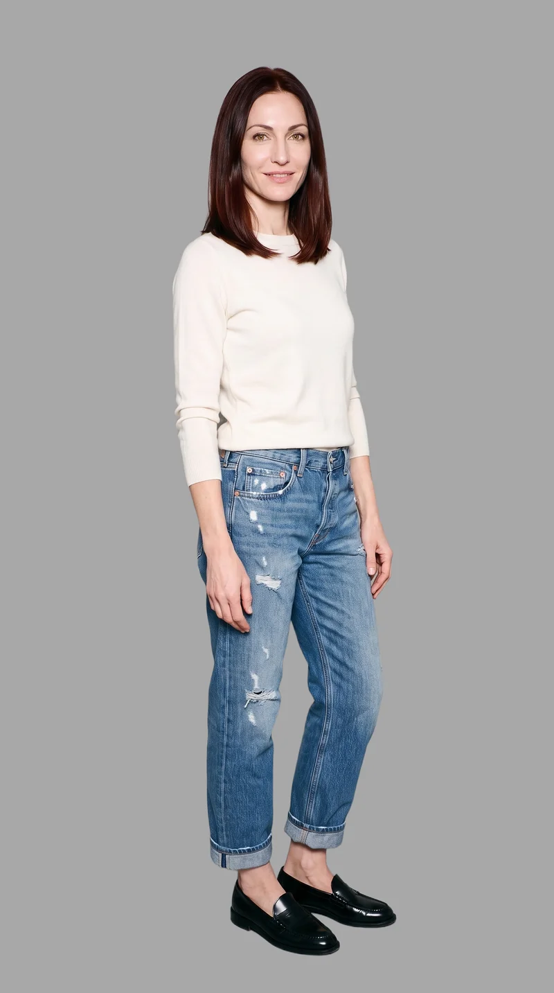 A 36-year-old Caucasian woman wears women's distressed boyfriend jeans in a full-body view from a front three-quarter angle. She is smiling with her ankles crossed against a flat pebble grey backdrop.