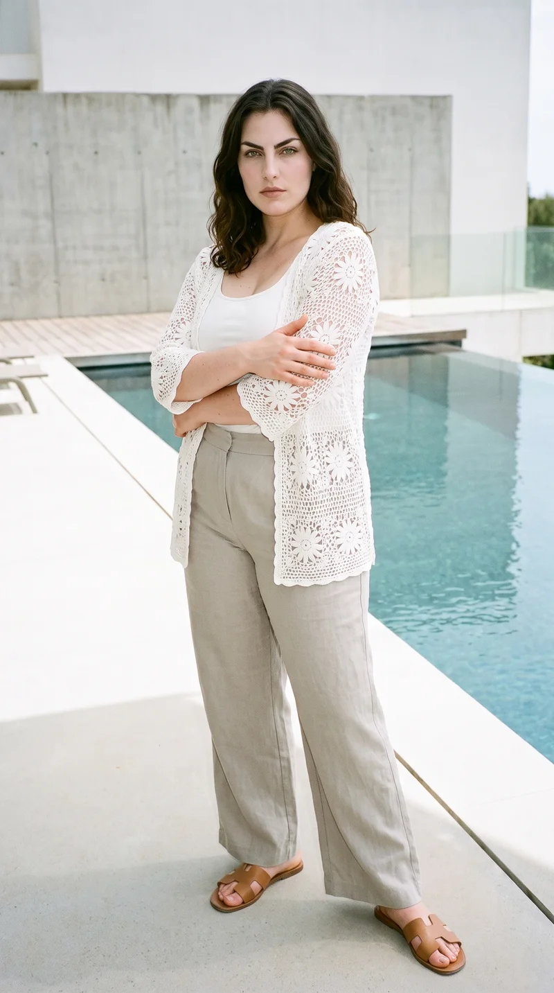 Women's White Crochet Cover-Up, Full body at Three-quarter, Natural E-Commerce lighting