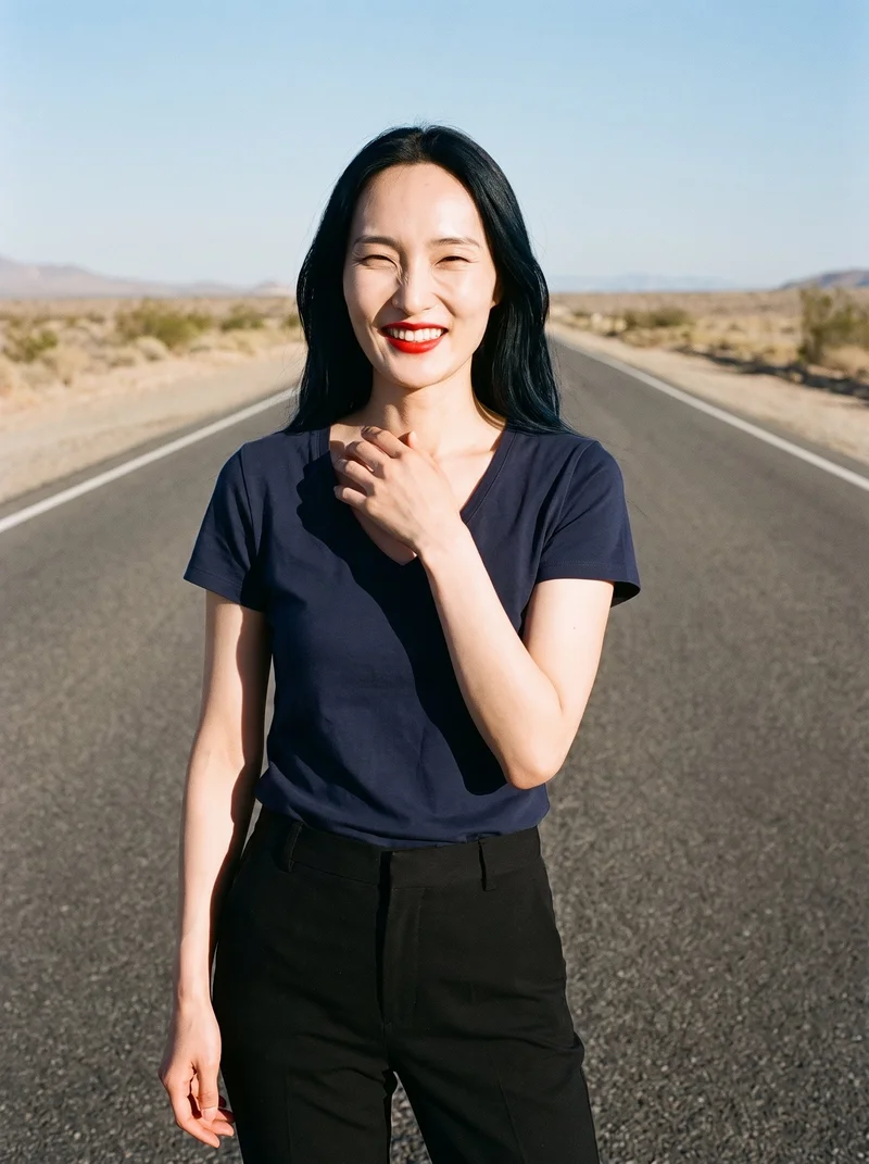 A 34-year-old Korean woman is shown from the front in an upper-body view wearing a navy V-neck T-shirt. One hand rests at her collarbone, and the desert highway backdrop extends behind her.