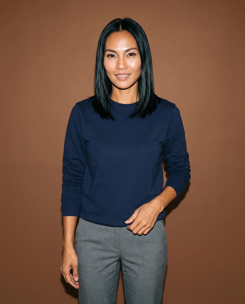 Women's Navy Cotton Crewneck Sweatshirt, Three-quarter length at Front, Clean Catalog lighting