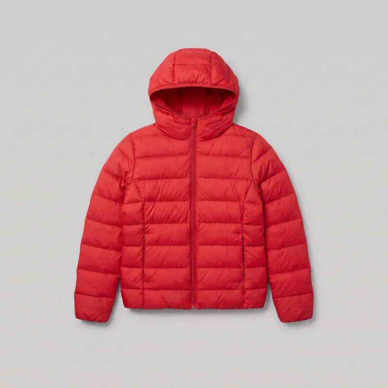 A women's red hooded down jacket is shown in a mostly complete front view, laid flat or ghost-displayed. It has a lightly bulky insulated silhouette, long sleeves with elasticized cuffs, a hip-length straight hem, horizontal quilted baffle channels, a high collar, a full-length center-front zipper, and lower front hand pockets integrated into the panel seams.