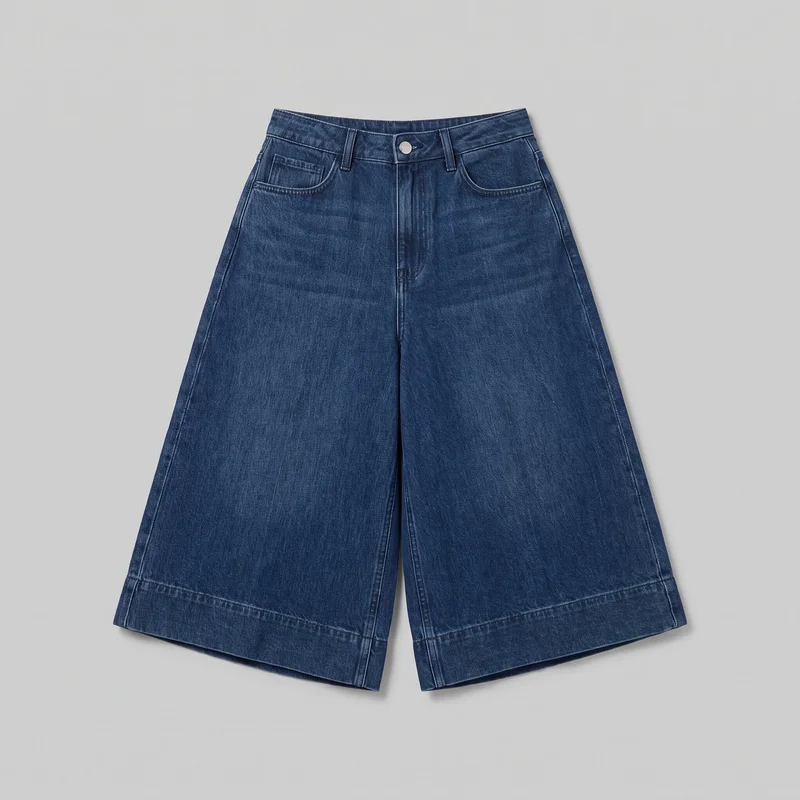 A full front view shows a standalone pair of high-rise wide-leg denim culottes. The jeans have a structured waistband with belt loops, a center fly with a visible top button, curved front pockets, a coin pocket, vertical seams, contrast topstitching, and wide stitched hem panels at the cropped straight hems.
