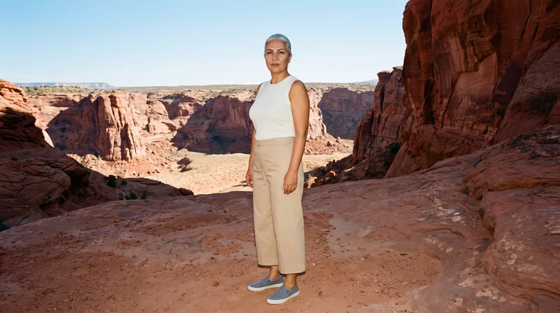 A 46-year-old Turkish woman wears beige tailored culottes in a relaxed standing pose, shown from a front three-quarter angle against a backdrop of red rock formations.