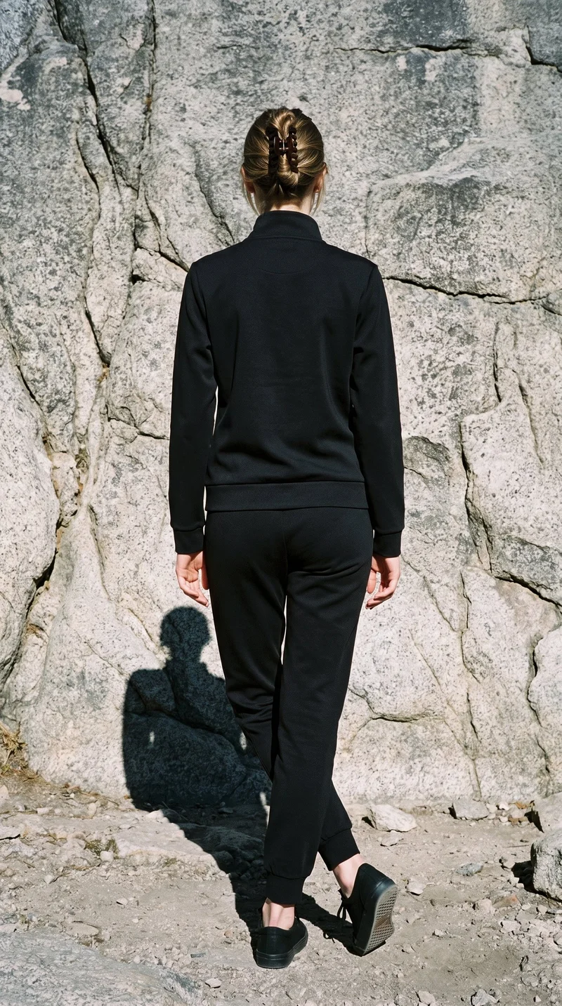 An 18-year-old Slavic woman is shown full body from the rear wearing a black women's tracksuit, with her ankles crossed. A Yosemite Valley backdrop fills the setting.