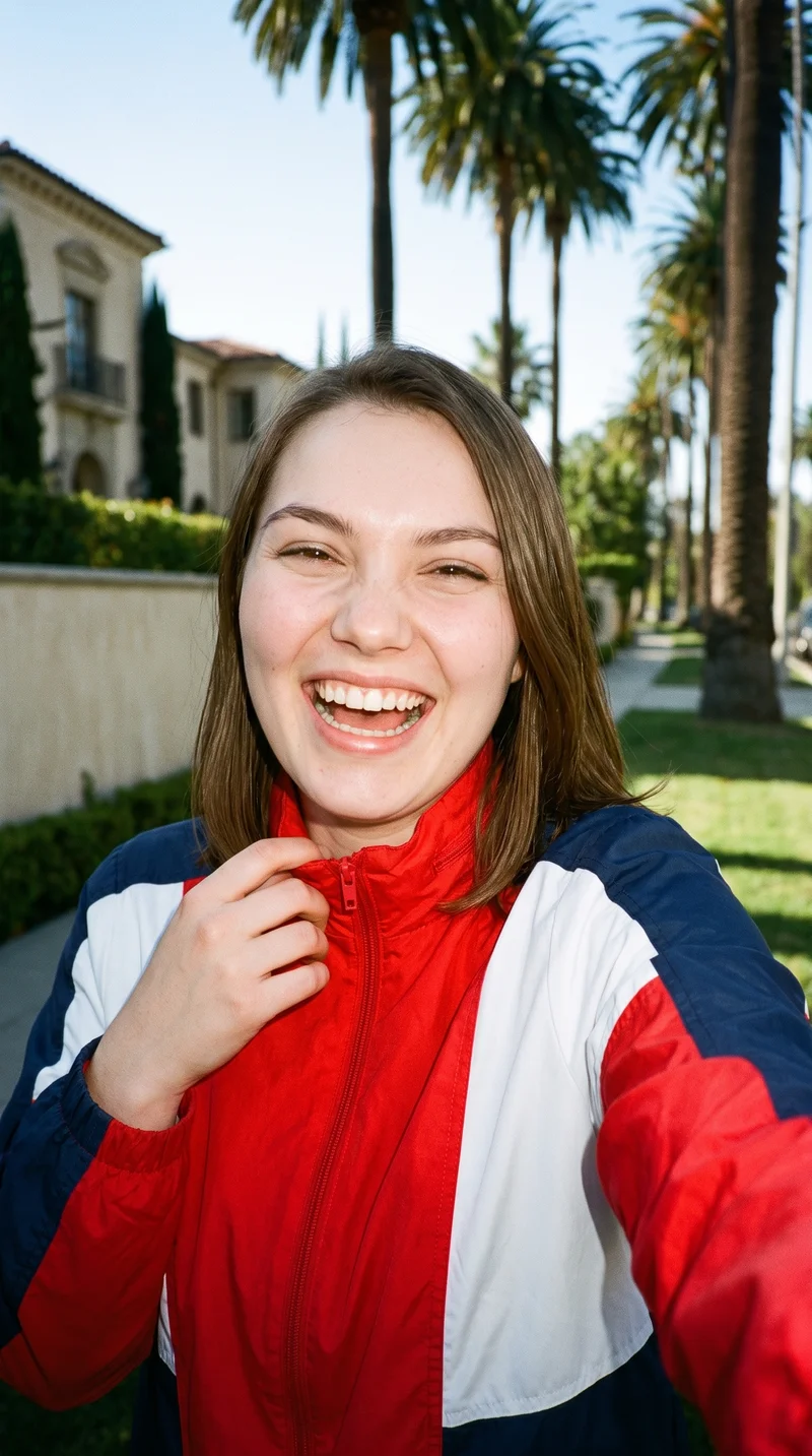 Women's Red Colour-Block Windbreaker, Selfie at Front, Flash Editorial lighting