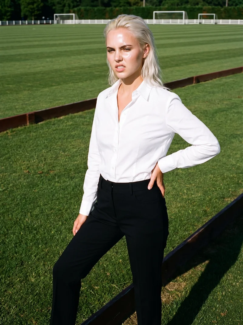 A 24-year-old Caucasian woman wears black tailored trousers in a three-quarter-length, angled front view. One hand rests on her hip, with an intense expression, against a polo field backdrop.