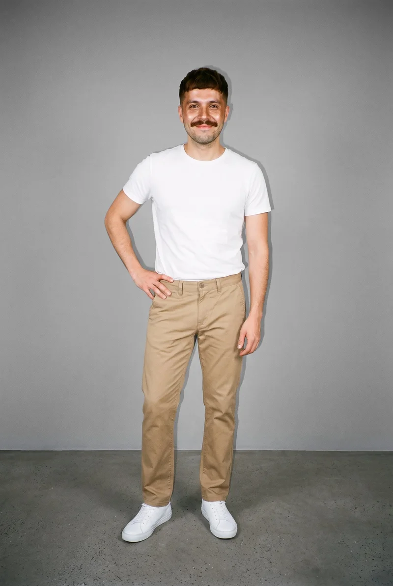 A 29-year-old Hispanic man wears men's khaki chinos in a full-body front view, standing with one hand on his hip and a natural expression. A pebble grey studio-wall backdrop frames the composition.