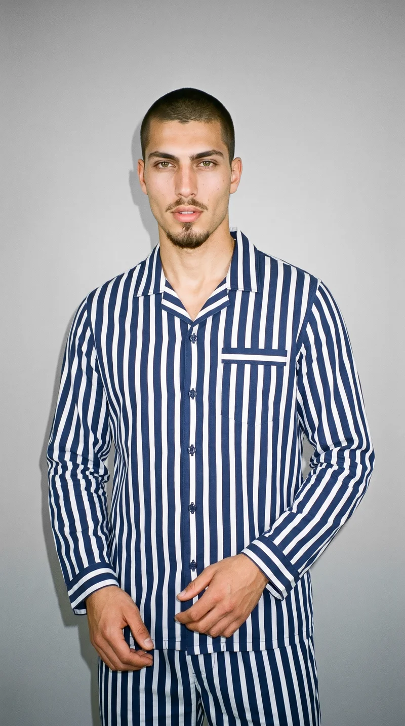 Men's Striped Pyjama Set, Three-quarter length at Front, Natural E-Commerce lighting