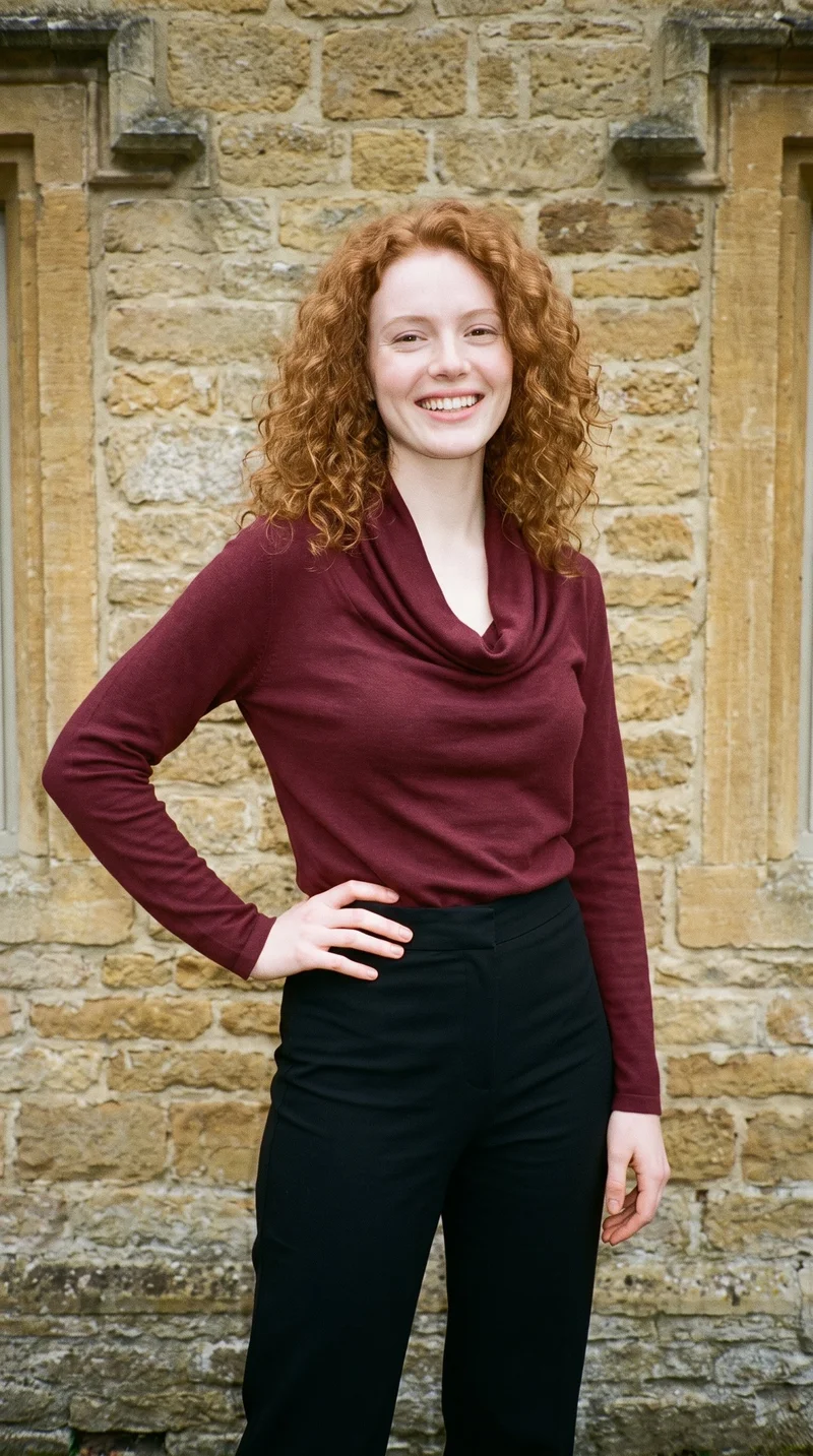 A 22-year-old Caucasian woman wears a burgundy cowl-neck top in a three-quarter-length, angled front view. She stands with one hand on her hip and a grin, with a Cotswolds stone village backdrop.