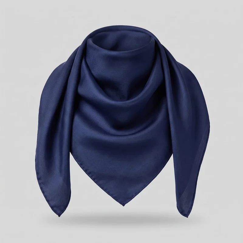 A women's navy silk scarf is shown alone in a draped wrap, forming a soft looped opening at the top, a broad triangular point at the front, and two tapered ends hanging downward. Its smooth fabric has fine linear ribbing, softly folded volume through the center, narrow finished edges, and visible stitched hems along the lower points.