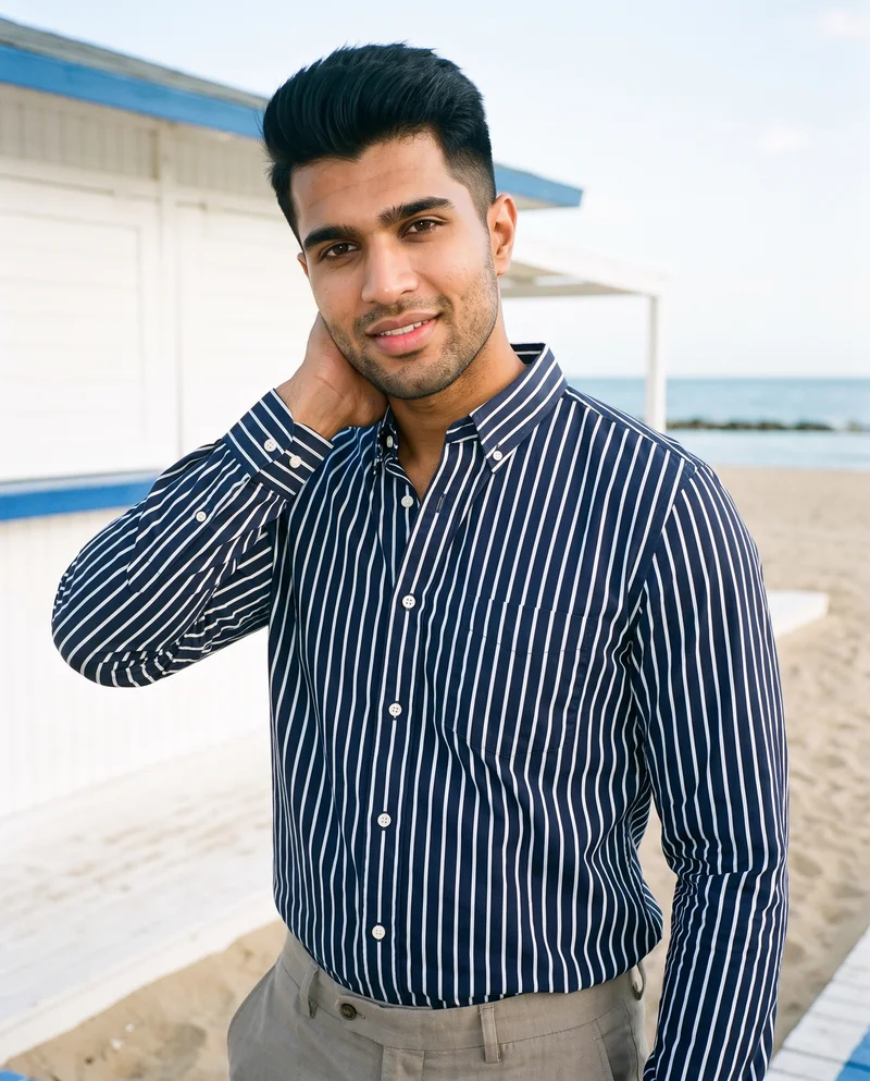 Navy Striped Oxford Shirt, Upper body at Three-quarter, Clean Catalog lighting
