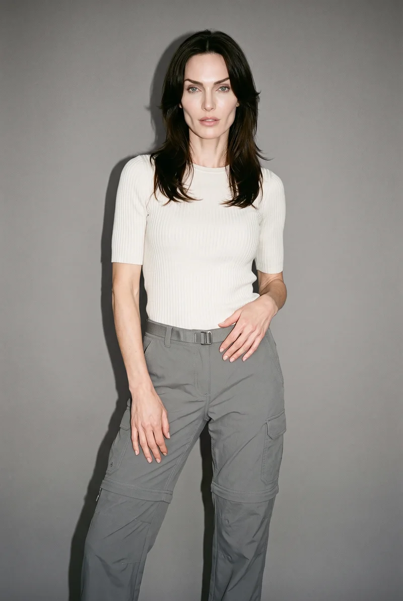 A 45-year-old Caucasian woman wears grey convertible hiking trousers in a front three-quarter-length view, standing with one hip out and a neutral expression. A studio grey wall forms the backdrop.