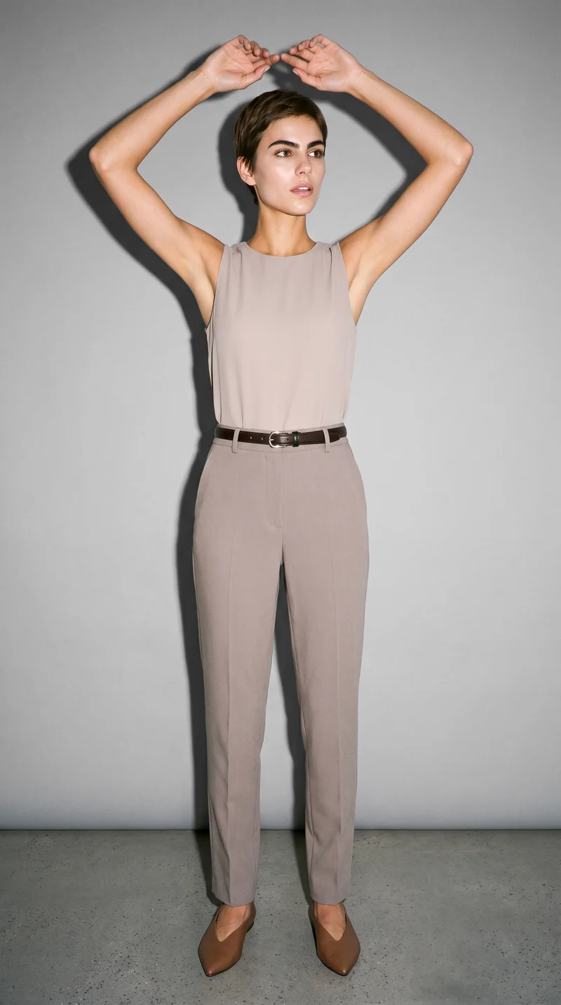 A 25-year-old Caucasian woman is shown full body from the front with her arms overhead and a soft facial expression, wearing a women's reversible leather belt. A pebble-grey studio wall forms the backdrop.