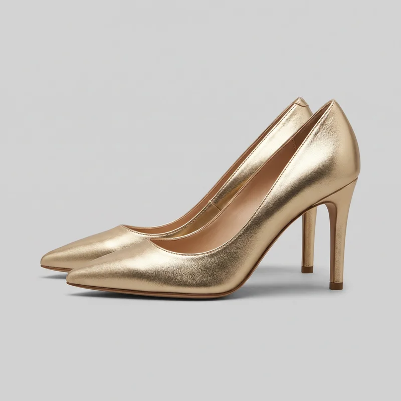 A pair of gold women's pointed-toe stiletto pumps is shown as a standalone product view from an angle. The shoes have sharply tapered toes, low vamp openings with scooped toplines, closed heel counters, slim high heels with small caps, thin sole edges, raised piping around the openings, and vertical back seams. No straps, buckles, laces, logos, or other embellishments are visible.