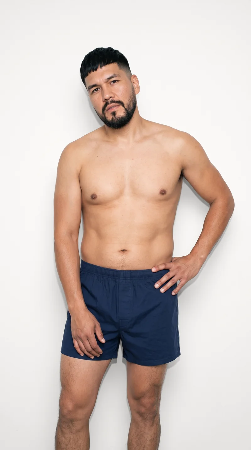 Navy Cotton Boxers, Three-quarter length at Front, Natural E-Commerce lighting
