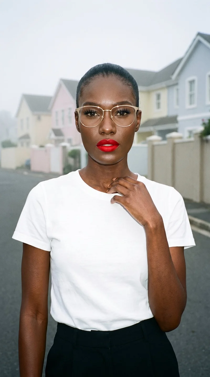 A 31-year-old African woman is shown from the upper body in a front view, wearing women's gold metal optical frames. One hand rests at her collarbone, and she has a natural facial expression. A backdrop of fog-covered houses appears behind her.