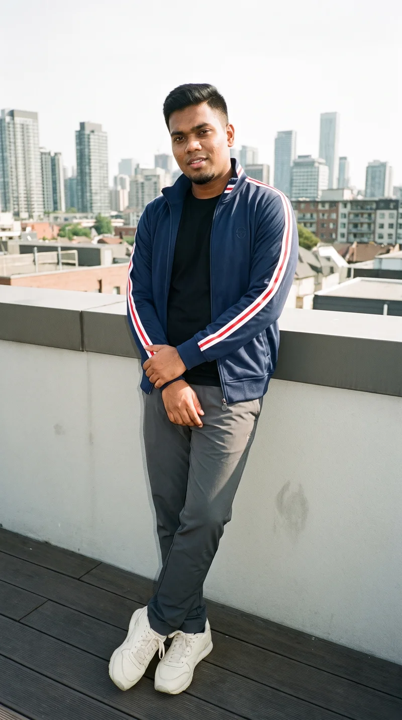 An 18-year-old Indian male model wears a navy retro track jacket in a full-body view from the front three-quarter angle. He stands with his arms low and a curious expression, with a warehouse rooftop skyline backdrop.