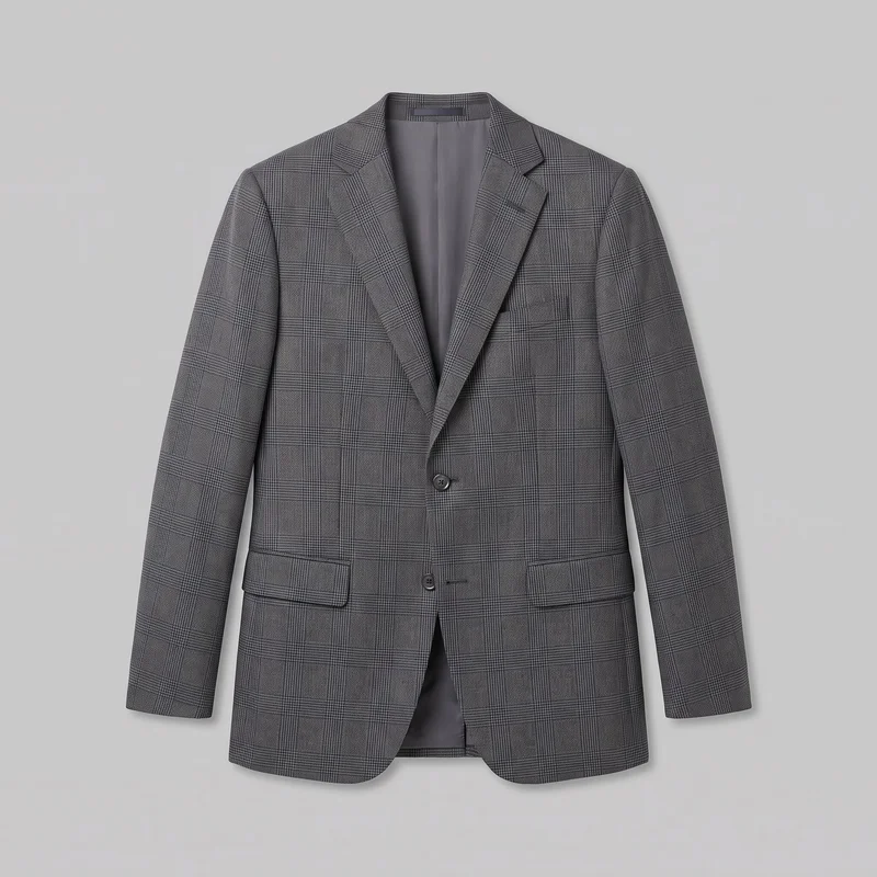 A mostly complete front view of a men's grey checked blazer, laid flat or ghost-displayed. The tailored single-breasted jacket has a structured regular silhouette, notched lapels, long set-in sleeves, a two-button front closure, lower flap pockets, and a welt chest pocket. Its exterior features an all-over windowpane plaid pattern, with the open front showing the inner facing or lining.
