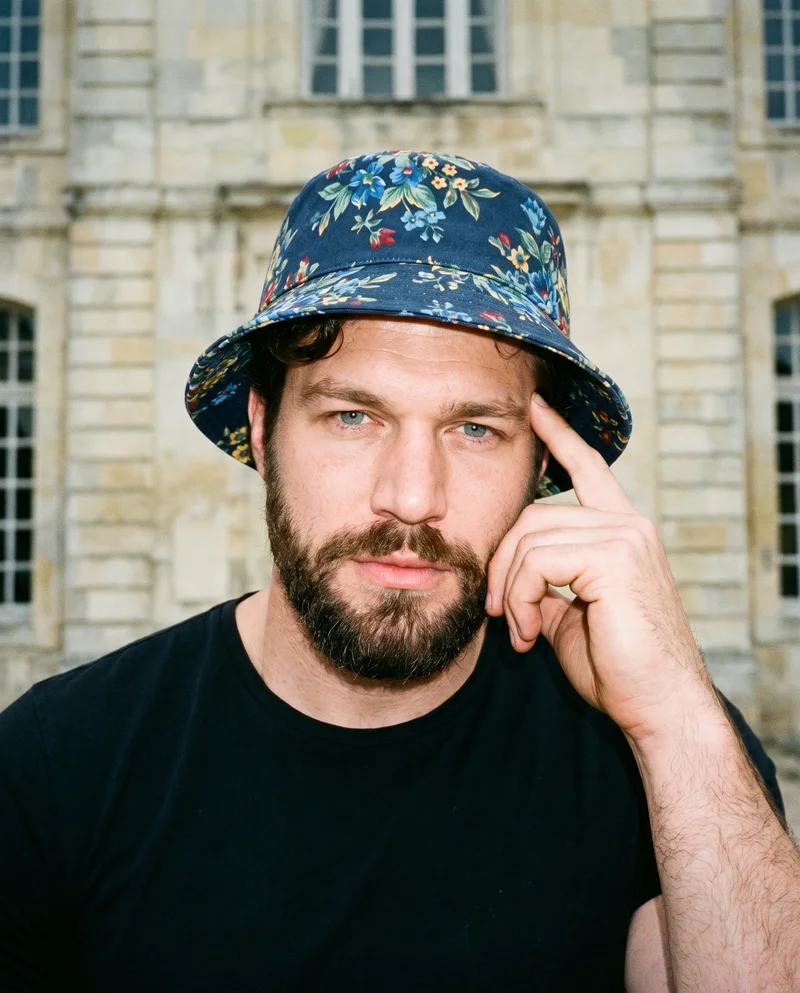 Men's Floral Print Bucket Hat, Head at Front, Clean Catalog lighting
