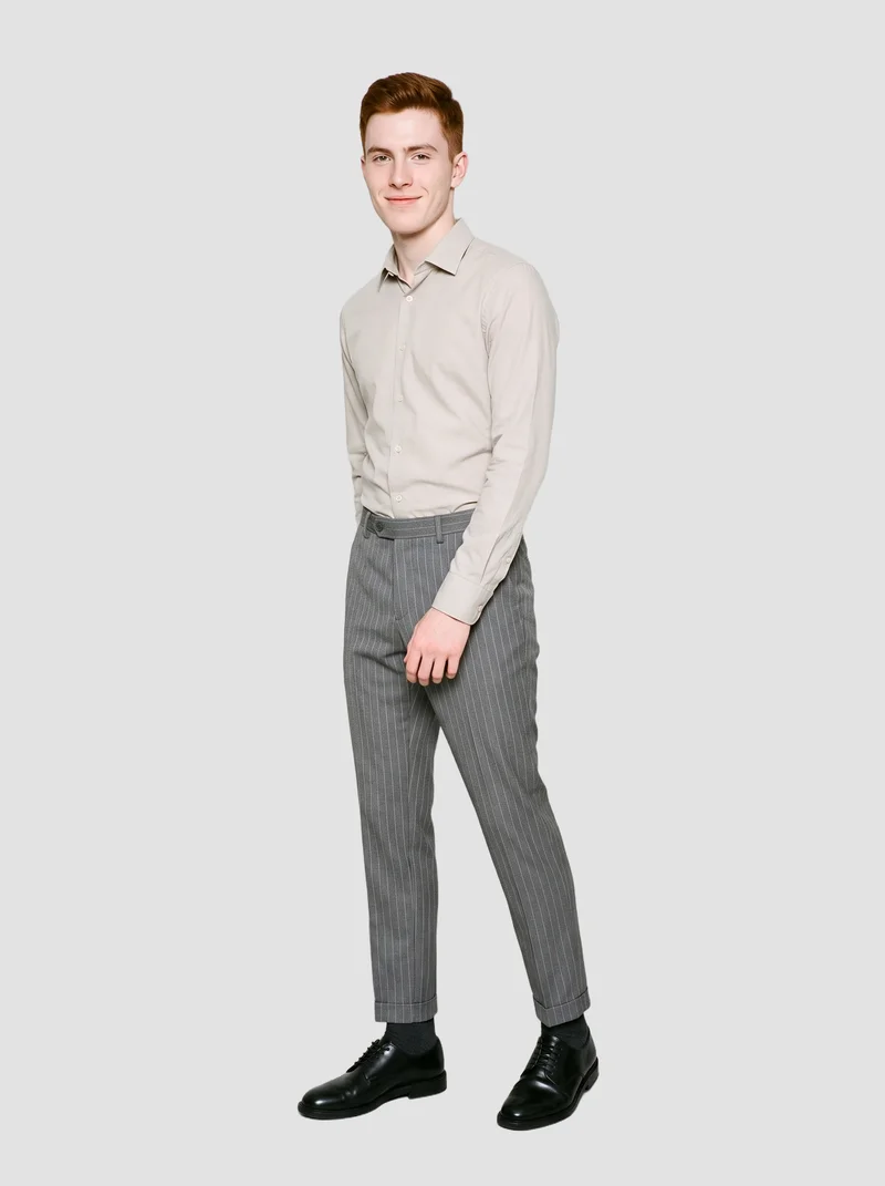 Men's Grey Pinstripe Tailored Trousers, Full body at Front, Studio Cutout lighting
