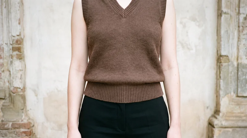 A woman models a brown wool sweater vest in a front-facing, hips-level view framed from the hips upward. A Mission Courtyard Bell Fountain backdrop is visible behind her.