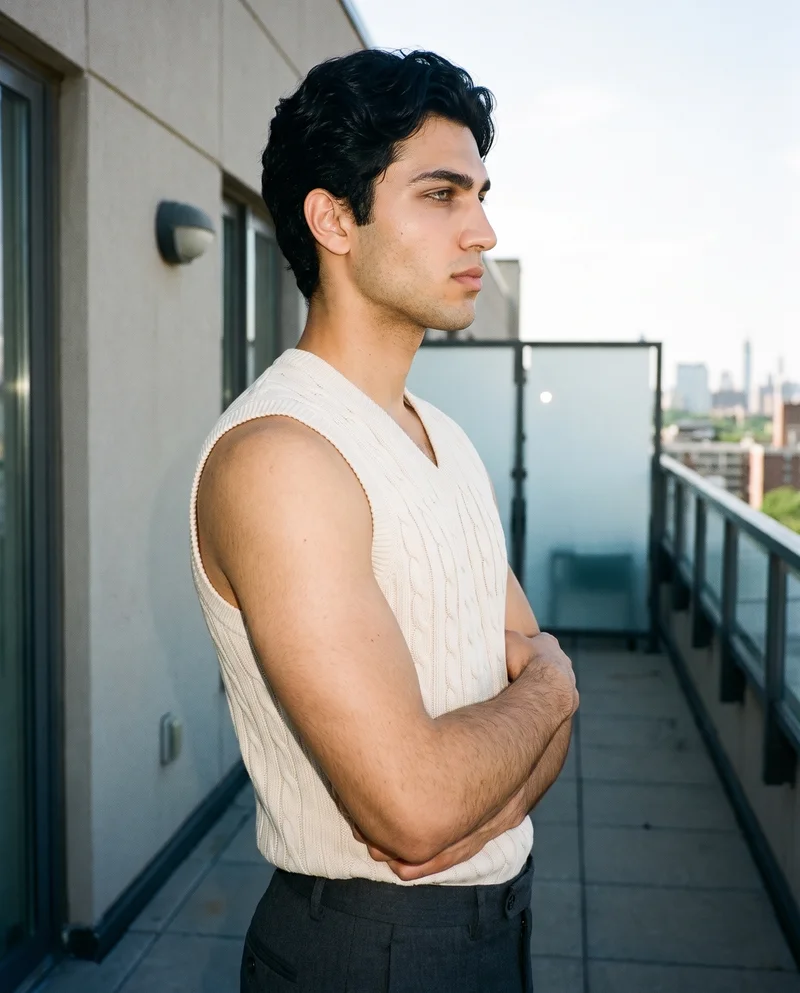 A 19-year-old Turkish man is shown from the upper body in side view wearing a men's cream cable-knit sweater vest. His forearms are folded, and he has a natural facial expression against a penthouse terrace backdrop.