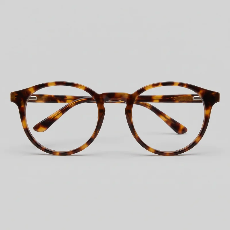 A complete pair of women's tortoiseshell-style optical frames is shown from the front, with the temples visible behind the clear lenses. The eyeglasses have rounded panto-shaped full rims, a narrow arched bridge with a keyhole-like opening, slim temples that curve inward to rounded tips, and small oblong metal hinge accents near the outer corners.