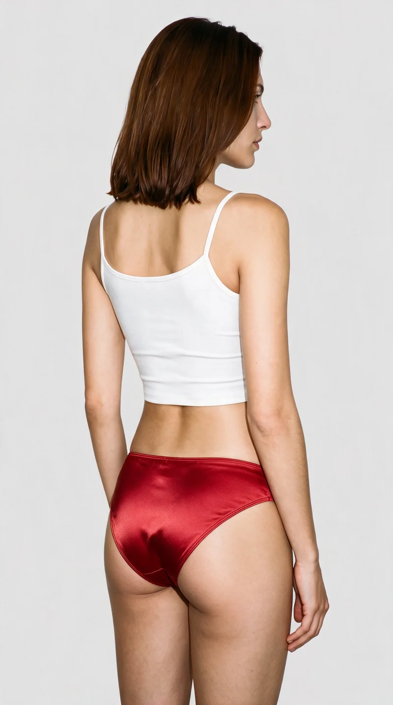 A 26-year-old Caucasian woman is shown from an angled rear view in an upper-body composition, wearing red satin knickers with her arms relaxed. A flat fog grey backdrop surrounds the studio-cutout presentation.