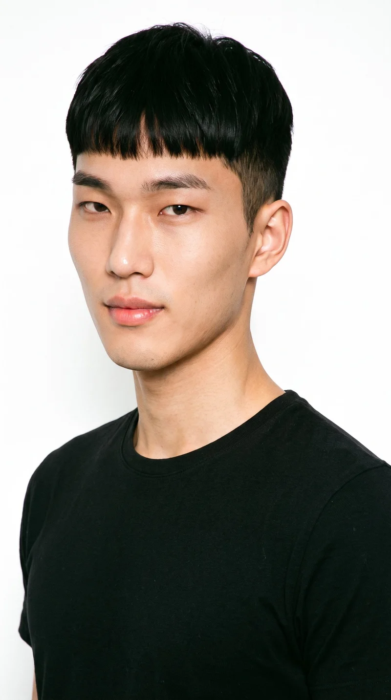 A 21-year-old Korean man with a light-tan, cool-toned complexion and East Asian facial features. His square face has a broad forehead and a strong, defined angular jaw. He has medium-thick eyebrows, very dark near-black eyes, and medium lips. His hair is deep black, cut in a short French crop with short sides and a blunt fringe. He is clean-shaven, with smooth skin across the face.