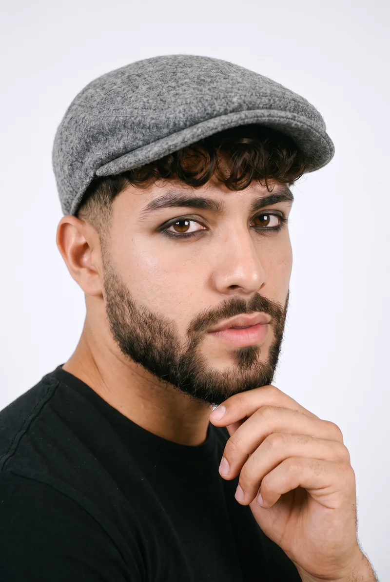 Men's Grey Wool Flat Cap, Head at Three-quarter, Clean Catalog lighting