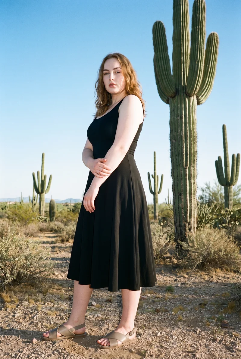 Black Midi Dress, Full body at Three-quarter, Clean Catalog lighting