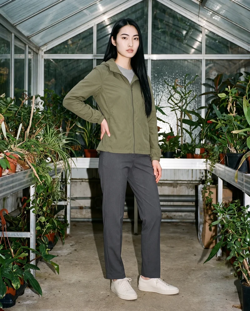 A 22-year-old Japanese woman is shown full body in an olive packable windbreaker, viewed from a front three-quarter angle with one hand on her hip and a neutral expression. A sunroom serves as the backdrop.