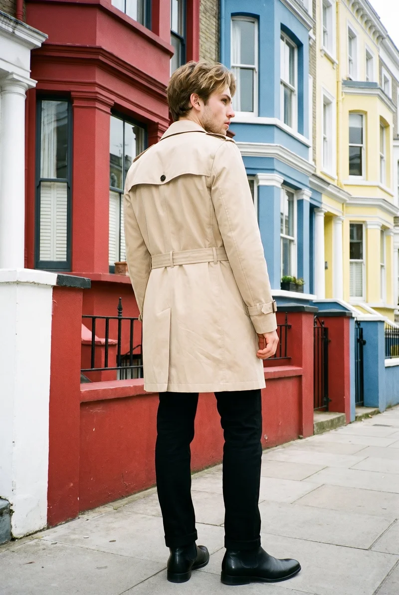 A 21-year-old Caucasian man stands straight in a full-body, angled rear view wearing a beige classic trench coat. Charleston Rainbow Row appears as the backdrop.