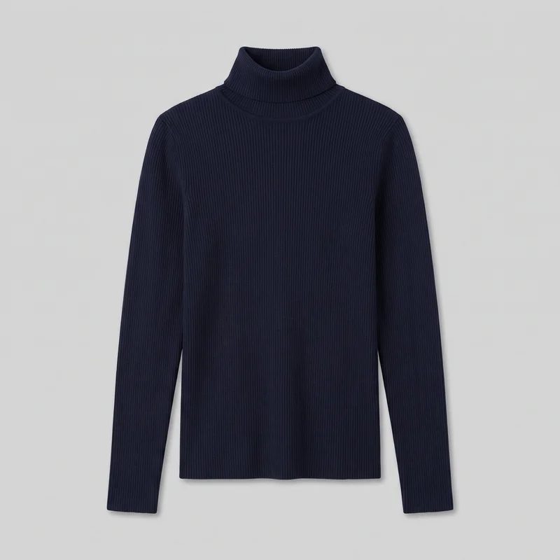 A navy ribbed knit turtleneck sweater is shown laid flat in a front-facing standalone view. The full fold-over collar, torso, straight lower hem, and both long fitted sleeves are visible, along with the vertical rib texture and set-in shoulder seams.