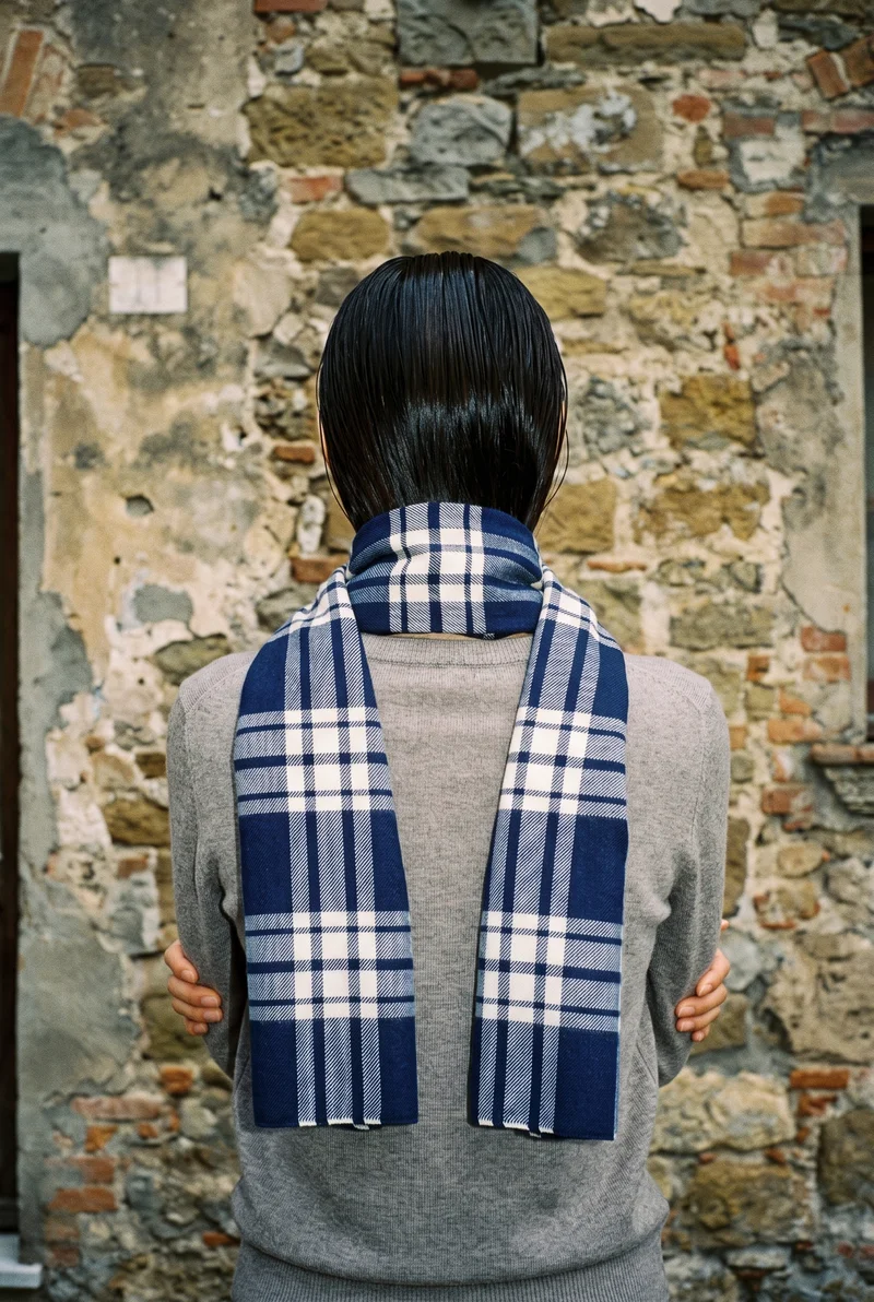 Women's Navy Checked Wool Scarf, Upper body at Back, Natural E-Commerce lighting